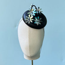 Load image into Gallery viewer, Charmante Fascinator in Black Leather with Silver and Blue Flowers