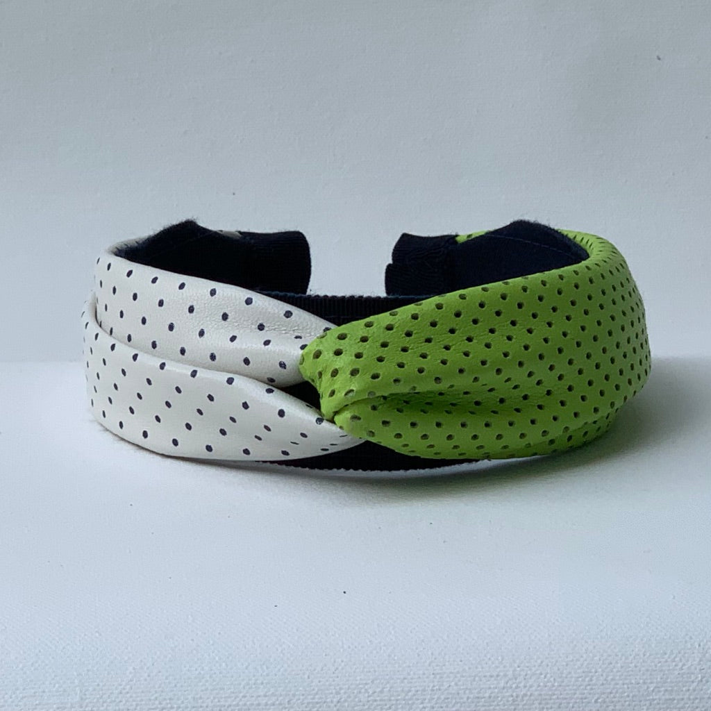 Lana Color Blocked Headband in Polka Dots and Green Leather