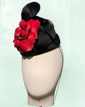 Load image into Gallery viewer, Black Silk Pill Box with Leather Rose
