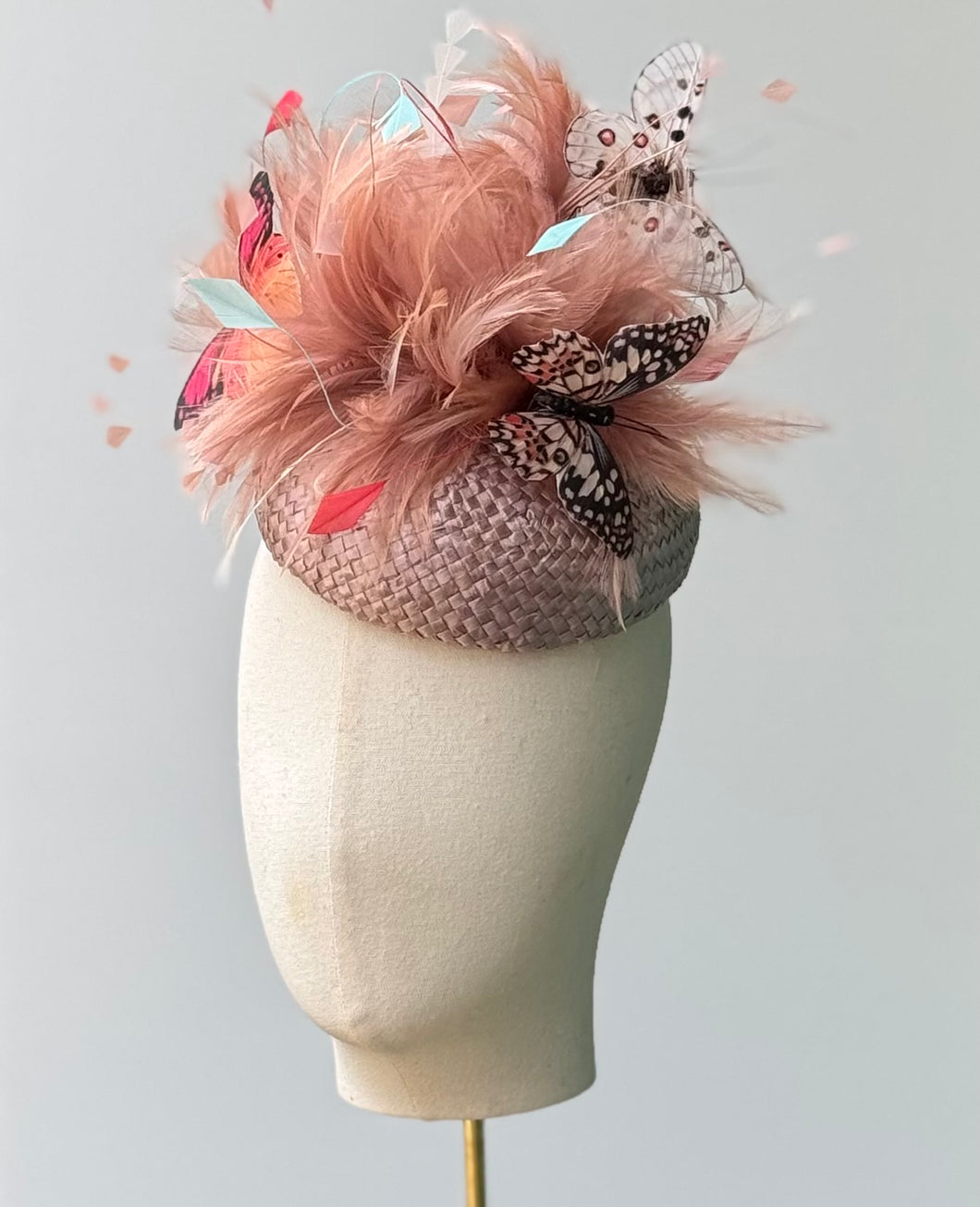 Butterfly Button Fascinator with Vintage Straw