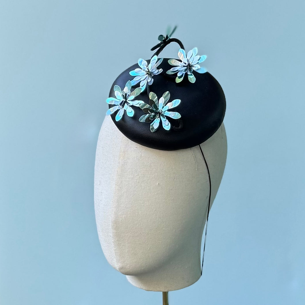 Charmante Fascinator in Black Leather with Silver and Blue Flowers