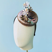 Load image into Gallery viewer, Charmante Fascinator in Rose Gold Leopard Print Leather
