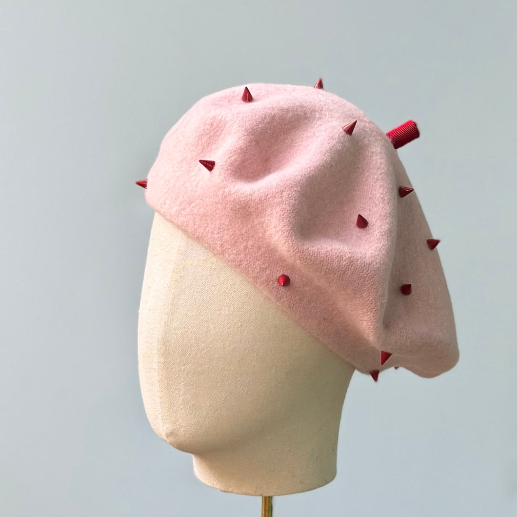 Bonnie Wool Beret in Petal Pink with Strawberry Spikes