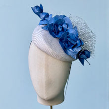 Load image into Gallery viewer, Catherine Fascinator with Blue Leather Roses
