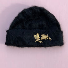 Load image into Gallery viewer, Charmed Hygge Beanie in Black Angora with Fish
