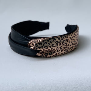Lana Color Blocked Headband in Rose Gold Leopard Print and Black Leather
