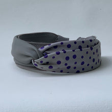 Load image into Gallery viewer, Lana Color Blocked Headband in Grey and Purple Polka Dot Leather

