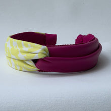 Load image into Gallery viewer, Lana Color Blocked Headband in Yellow Rose Print and Magenta Leather
